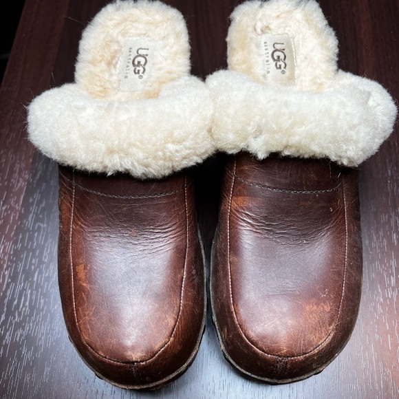 UGG Australia Kalie Clog Studded Brown Leather Sherpa Lined Wooden Block Heel 6 - Picture 4 of 10